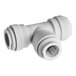 A John Guest white plastic pipe fitting shaped like a tee with nozzles on each end.
