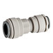 A John Guest gray and white plastic straight connector with threading.