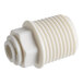 A close-up of a John Guest white polypropylene pipe fitting with threads.