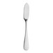 A close up of a Varick Fulton vintage stainless steel butter knife with a white handle.