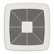 A white square bathroom exhaust fan with black lines on the cover.