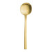 A gold Varick Lissome stainless steel bouillon spoon with a long handle.