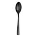 A close-up of a Varick Malcolm Vintage Black stainless steel teaspoon with a black handle.