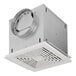 A Broan white metal box with a round metal ring for ceiling mounting.