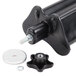 A black plastic object with a metal bolt and nut.