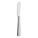 A close up of a Varick Becki stainless steel butter knife with a white handle.