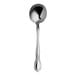 A close-up of a Varick Flora stainless steel bouillon spoon with a handle.