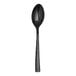 A Varick Malcolm stainless steel dessert spoon with a black handle.