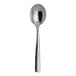 A close-up of a Varick Becki stainless steel bouillon spoon with a handle.