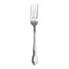 A close-up of a Varick Flora stainless steel dinner fork with a silver handle.
