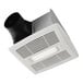 A white Broan bathroom exhaust fan with black accents and a square white LED light.