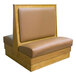 An American Tables & Seating wooden booth with tan leather seats and a wooden frame.