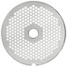 A stainless steel circular disc with holes.