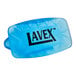 A blue oval shaped Lavex toilet bowl clip with black text.