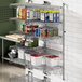 A Regency wall-mount shelf unit with shelves holding food items.