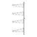 A Regency stainless steel wall-mount metal rack with four shelves and a metal pole.