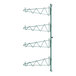 A Regency green metal wall rack with four shelves.