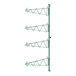 A green metal wall rack with single wire brackets.