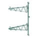 A green metal Regency wall-mount shelf post with double brackets with three hooks.