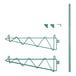 A set of green metal wall-mount shelf brackets.