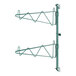 A green metal Regency wall-mount shelf post with single brackets with hooks.