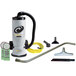 A ProTeam AviationVac transportation backpack vacuum with Aviation floor tool kit accessories.