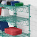 A green metal Regency wall-mount shelf with plastic trays on it.