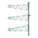 A green metal rack with three shelves and single brackets.