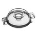 A clear glass lid with a black handle for an Avamix food processor.
