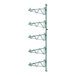 A green metal wall-mounted shelf post with double brackets for five shelves.