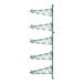 A green metal Regency wall-mount shelf post with double brackets for multiple shelves.