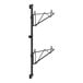 A black metal Regency wall-mount shelf post with single brackets and hooks on it.