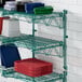 A green Regency wire shelf with white and blue trays on it.