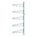 A green metal rack with wire shelves and single brackets.