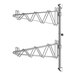 A pair of chrome metal brackets with two hooks.
