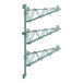 A green metal wall-mount shelf post with double brackets for three shelves.