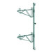 A green metal wall mounted shelf with double brackets and hooks.