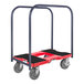 A red Snap-Loc panel cart with black handles and wheels.