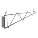 A Regency stainless steel wall-mount single bracket for wire shelves with a hook on the side.