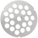 A white circular metal Hobart grinder plate with holes in it.