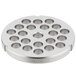 A stainless steel Hobart grinder plate with circular holes.
