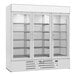 A white Beverage-Air MarketMax glass door freezer with shelves.