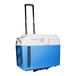 A blue and white Summit Appliance portable medical freezer with wheels.