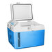 A blue and white Summit Appliance portable medical freezer with a lid open.