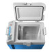 A blue and white Summit Accucold portable medical freezer with the lid open.