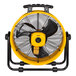 A yellow and black DeWalt industrial drum fan on a stand.