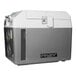 A grey and white Summit Accucold medical refrigerator with lock and collapsible trolley.