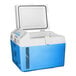 A blue and white Summit Appliance portable medical freezer with the lid open.