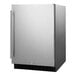 A Summit Appliance stainless steel undercounter refrigerator with a door open.