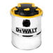 A DeWalt stainless steel and yellow dry cannister vacuum with black and yellow text.